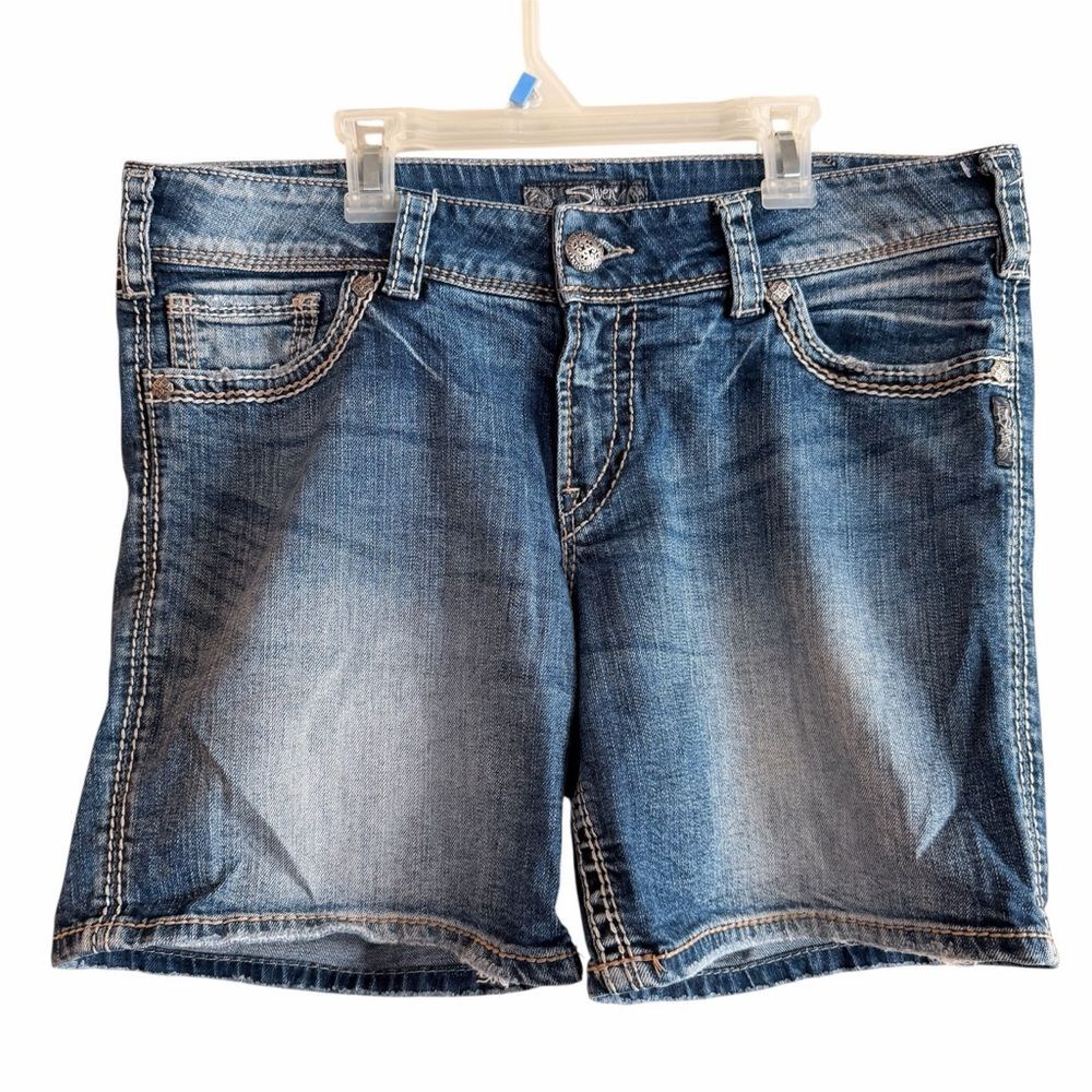 Silver Jeans Suki Surplus Denim Jean Shorts Embroidered Flap Pockets Low Rise 33
